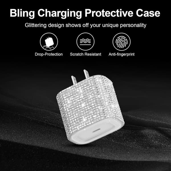 Sett med beskyttelsesdeksel for iPhone 20W USB-C-lader, glitrende diamantladerdeksel, egnet for jenter, myke glitrende ladekabeldeksler.