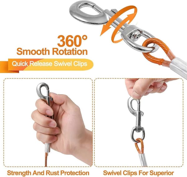 Tether Cable Chew Proof Dog Runner Cable with Durable Spring Stainless Steel Dog Leash Tie Out Cable for Yard Outdoor and Camping 3m Orange -Qin