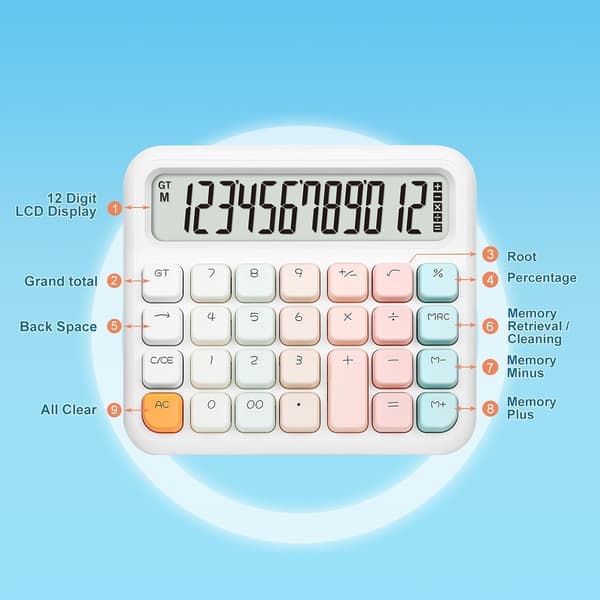 Calculator 12 digits, large display and buttons for desktop, pink calculator with large LCD screen for office, school, home
