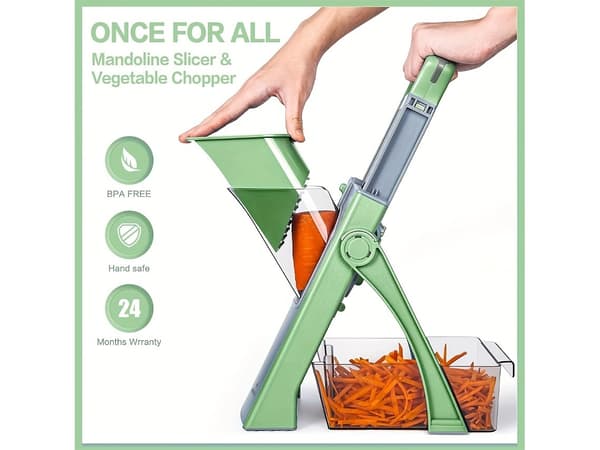 5-in-1 Mandoline Slicer, Adjustable Thickness 0.1-8mm, Slice Dice Grate, Safe Kitchen Tool - Blue