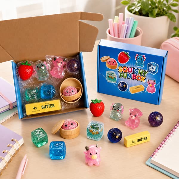 8-delt luksuriøst squishy sensorisk legetøjssæt, assorterede maddyr og glitterklemmelegetøj, stresslindrende fidget gaveæske