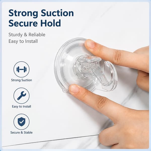 Large Suction Cup Hooks, 2-Pack, Transparent, Strong Hold for Bathroom, Kitchen, and Glass