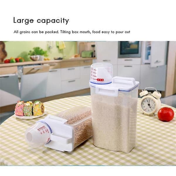Risbehållare Dispenser Förseglad Behållare 2KG Bärbar Mat Spannmålsförvaringslåda med Mätkopp (2-pack)