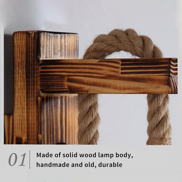 Wooden Wall Lamp with Hemp Rope, E27 LED Retro Wall Light Living Room Bedside Corridor Cafe Bar (Without Bulb)