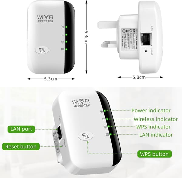WiFi Extender Booster - Repeater/AP-modus med Ethernet-port - WPA2 Sikker Bred Dekning