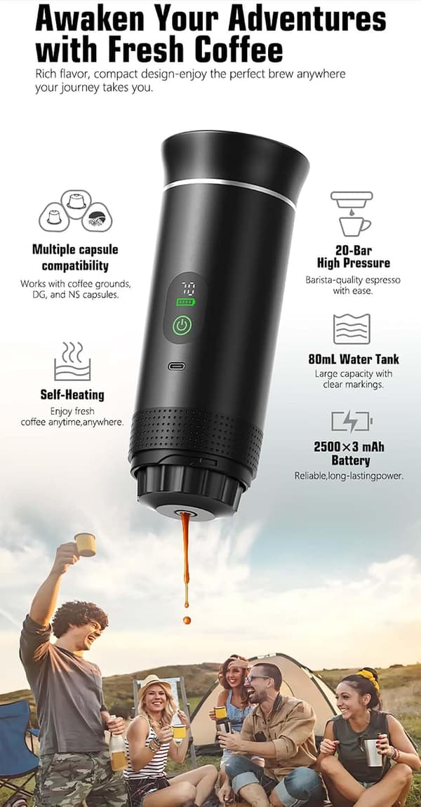 This 3-in-1 machine is a rechargeable, portable coffee maker with a 12V capacity, suitable for both capsule and ground coffee. for camping and travel