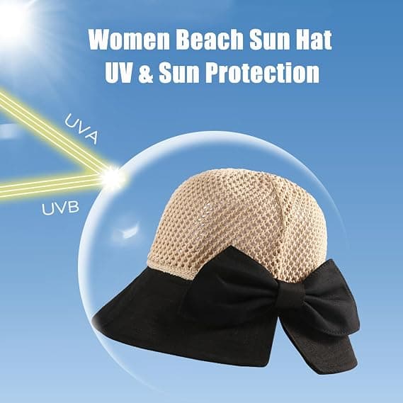 Women's Wide Brim Mesh Foldable Bucket Hat with Detachable Chin Strap Ponytail Bow for Summer Vacation Beach Hiking, Adjustable