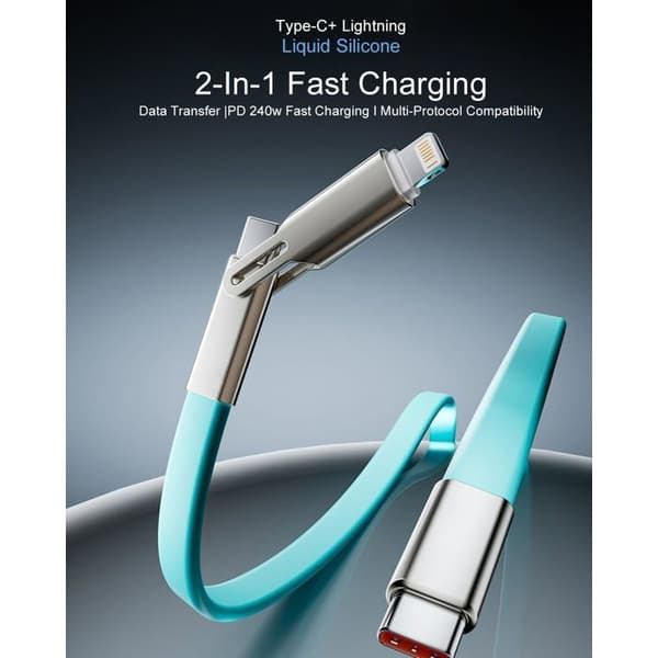 2m 240W Flat Silicone Cable (Type-C to C/L), 1.5m, Soft Liquid Silicone, 3A, 480 Mbps Data Transfer, Tangle-Free (Blue)