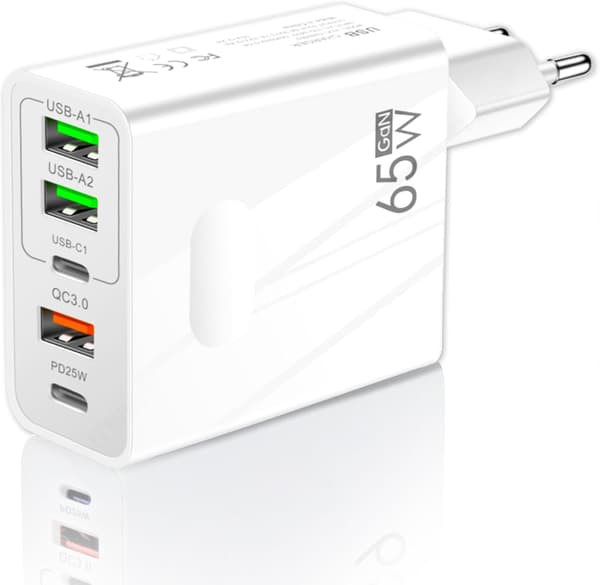 65W USB-lader med 5 porter: 2 USB-C + 3 USB-A | Hurtiglading-QC 3.0 | Kompatibel med Samsung/iPhone/Xiaomi/etc