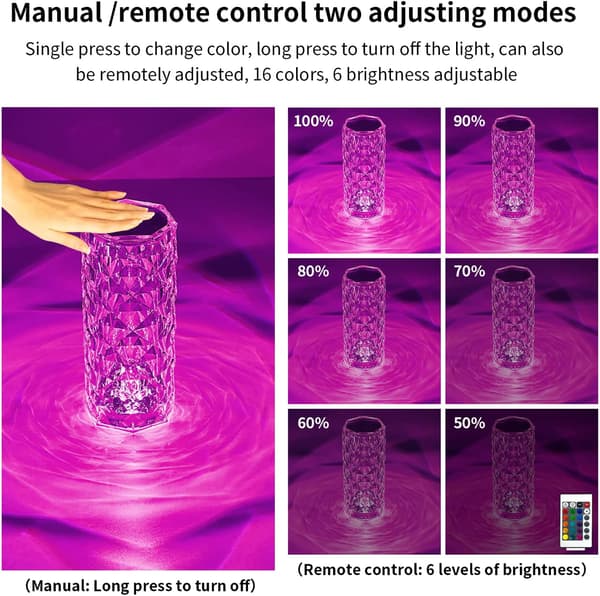 Kristallbordlampe Roselampe, 16 farger som endres, RGB-berøring
