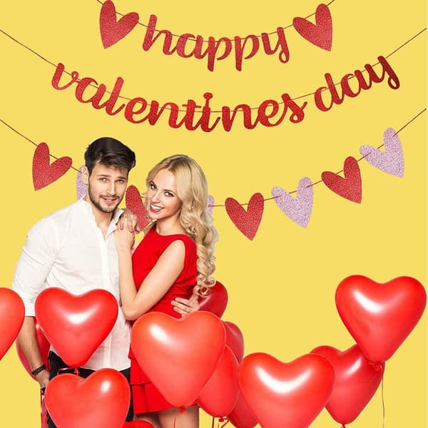 Valentinsdag banner, røde og rosa hjerteformede hængende, Valentinsdag guirlande