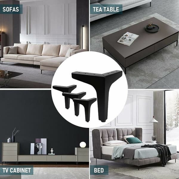 Set med 4 Charge möbelben, 10 cm moderna metallbordsben i triangulär form, stiftmöbelben för skåp, soffa, med 16 skruvar och 4 benskydd
