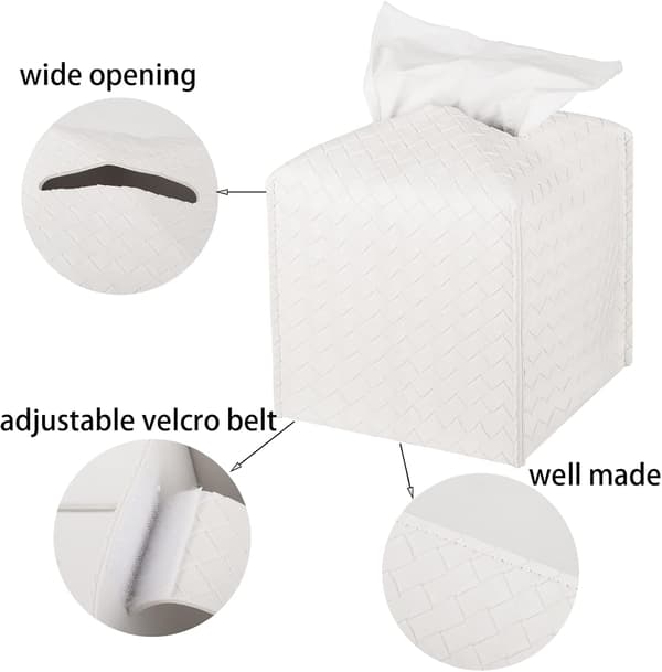 Leather Tissue Box Cover, Square Facial Tissue Storage Box Dispenser for Bathroom, Vanity, Tabletop, Car, White