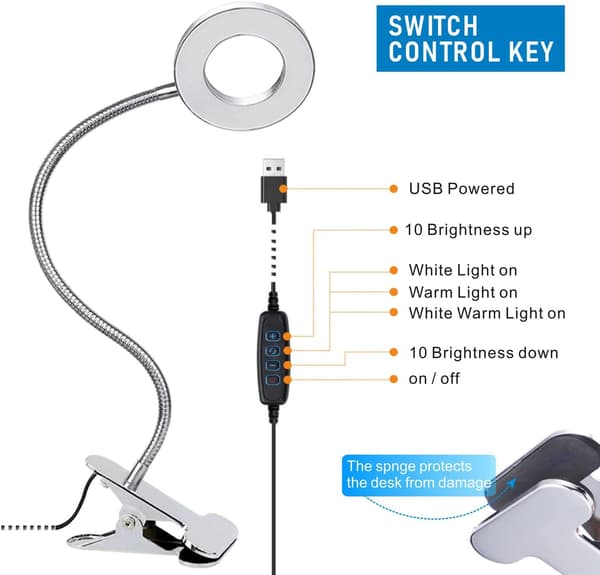 Skrivebordslampe med klemme, 3 lysmoduser 11 dimbar lysstyrke øyepleie bok justerbar for lesing studier arbeid Sølv Silver