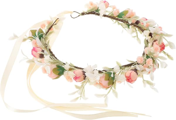 Bryllupsblomsterkrone pannebånd med rosa bånd – Brudeblomsterkrans hodeplagg