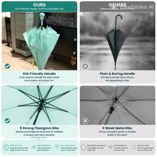This straight octopus umbrella has a cute 3D character handle and is suitable for rainy days, outdoor activities, going to