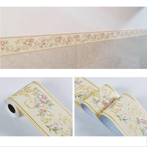 Beige blomstret 3D tapetbort, selvklæbende vægbort til loft, stue, 10 cm x 5 m (beige stil)