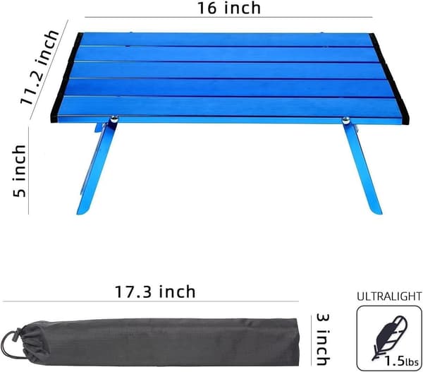Bærbart strandbord i aluminium, ultralett, sammenleggbart minicampingbord, blått
