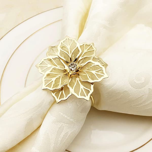Blomster Servietringe Sæt med 6, Holdbar Blomster Servietholder Pynt Husholdnings Servietringe Sæt Rhinestone Servietringe (Guld)