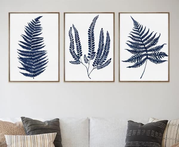 Set med 3 indigoblå ormbunksbladstryck - Maidenhair ormbunksväggkonst - 30 x 40 cm - Oinramad