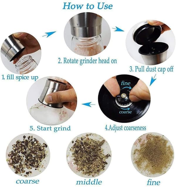 Stainless Steel Pepper Mill with Glass Container, Adjustable Manual Ceramic Grinder, Spice Grinder