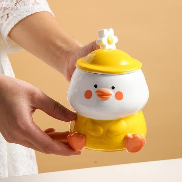 Rolig gul ankmugg i keramik med sked och lock 3D djur mugg för vän present