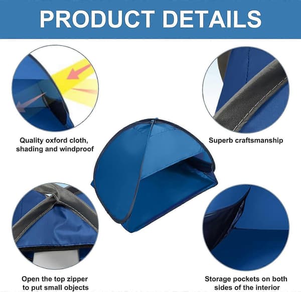 Beach Sunshade, Instant Fully Automatic Shade Tent, Anti-UV, Windproof Canopy for Pets, Camping, Picnic, Blue