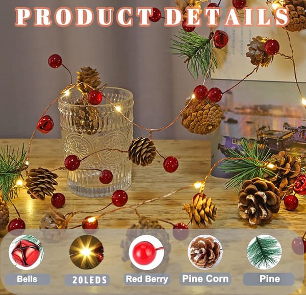 Pine Cone String Lights, 2M 20LED Pine Cone Lamp, Christmas Garland with Red Lights and Pine Cones, Battery Operated