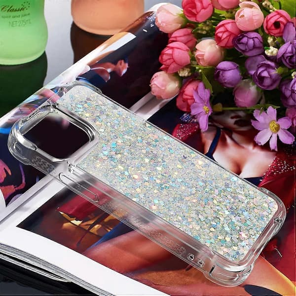 iPhone 13 Pro Max Deksel, Glitrende Glimmer Flytende Væske Transparent Myk TPU Silikon Beskyttende Støtsikkert, Sølv