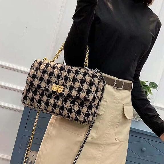 PU-lær Svart og Hvit Houndstooth Dame Skulderveske A