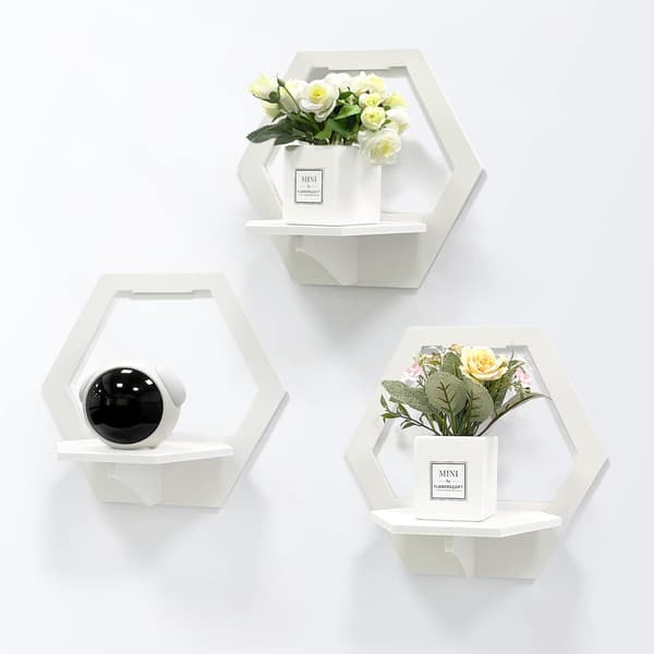 Set med 3 dekorativa vägghyllor för sovrum, vardagsrum, hemmakontor (vit, hexagon)