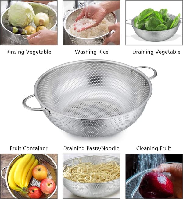 Stainless Steel Colander Set with Handles, Perforated Metal Colander, Suitable for Kitchen Draining/Fruit Draining - Dishwasher Safe - (16/22/28 cm)