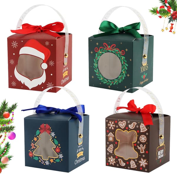 Presentförpackning, 4 Delar Julpresentförpackning Set, Små Presentaskar, Julgodislåda, Presentaskar i Kartong för Jul, Fest, Presentdekoration