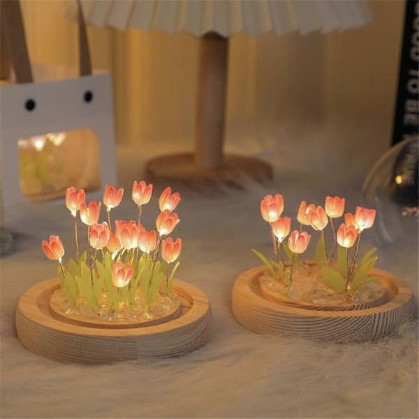DIY Tulip Night Light LED Table Lamp with Glass Dome 13 Artificial Tulips Bedroom Desk Lamp (Type A)