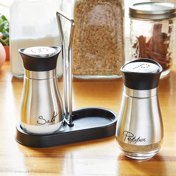 Salt- og peberkværnsæt med holder, moderne dispenser i rustfrit stål og glas, 3 dele i alt, 118 ml Sølv Silver