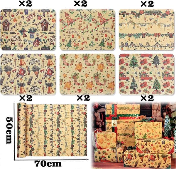 Julklappspapper, 12 ark presentpapper, Kraftpapper Julklappsinslagning, 70x50 cm, för julklappspresenter