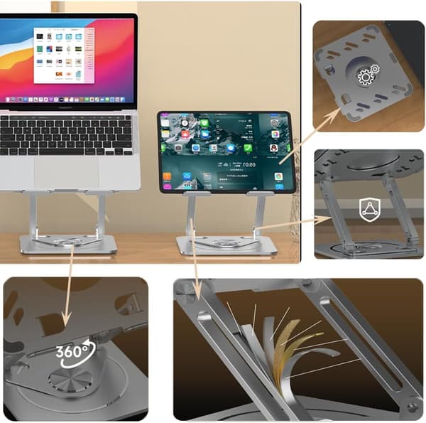 Bærbar computerstativ til skrivebord, justerbart aluminiumsstativ med 360° roterende base, foldbar ergonomisk hæver, bærbar holder kompatibel