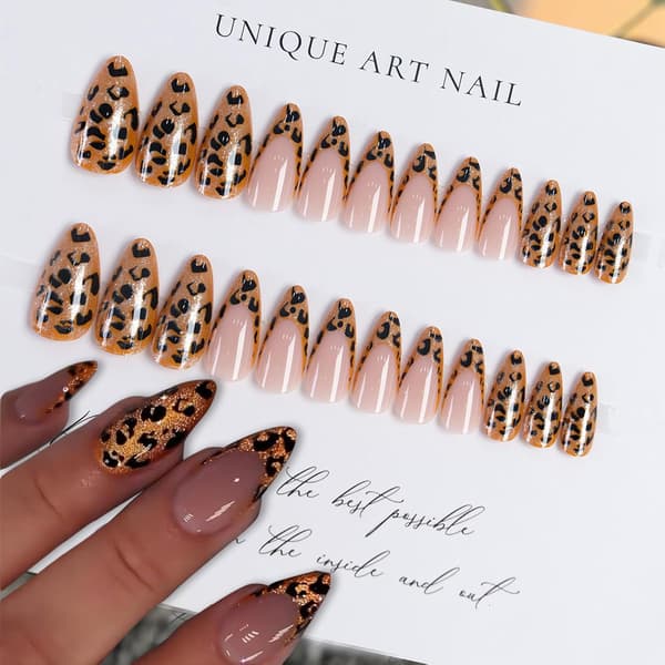 Leopard Franske Negle 24 stk Medium Mandel Guld Leopard Press On Negle med Jelly Lim Genanvendelige
