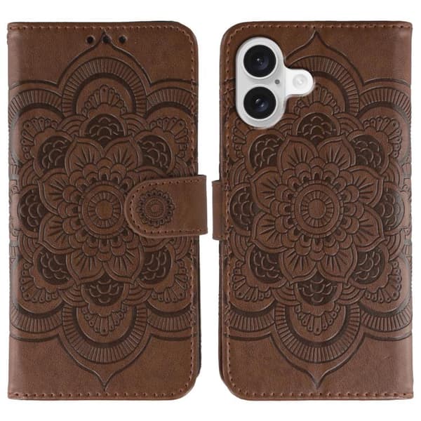 iPhone 17-fodral, lädermaterial, dekorerat med ett solmandalapräglat mönster, grått. Grå Grå