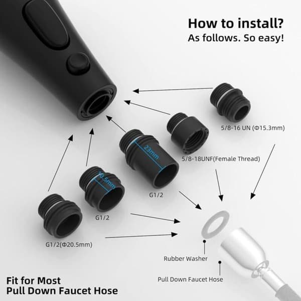 Replacement Spray Head for Kitchen, 3 Functions, 9 Adapters, G1/2 Compatible, Matte Black