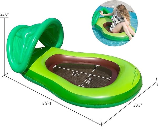 Avocado Pool Float with Canopy for Kids, 119 cm x 77 cm Inflatable Avocado Pool Float with Shade, Water Fun Large Inflatable Summer Beach Bath Float