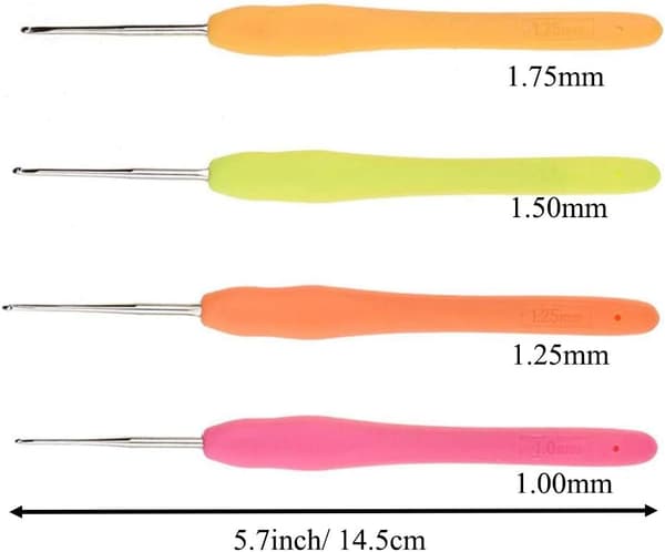 Mini-hæklenåle, 4 stk. spidse hæklenåle med blødt greb, 1,0 mm, 1,25 mm, 1,5 mm, 1,75 mm, små hæklenåle