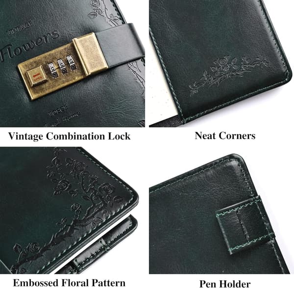 Floral Leather Journal with Lock Writing Diary Notebook Combination Password Lined Refillable Paper 200 X 140 Mm (Green) Green Green