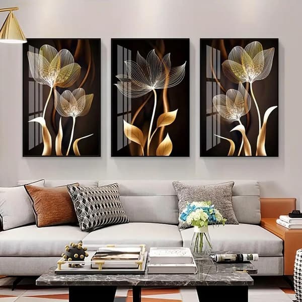 Sæt med 3 moderne sort- og guldfarvede plantebladebilleder - Guldbilledplakater - Sort - Uden ramme (Sort Guld, 30x40cm)