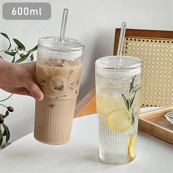 600 ml glaskopp mjölk kaffekopp med lock och sugrör transparent rand vattenkopp mugg dricksglas (FQ)