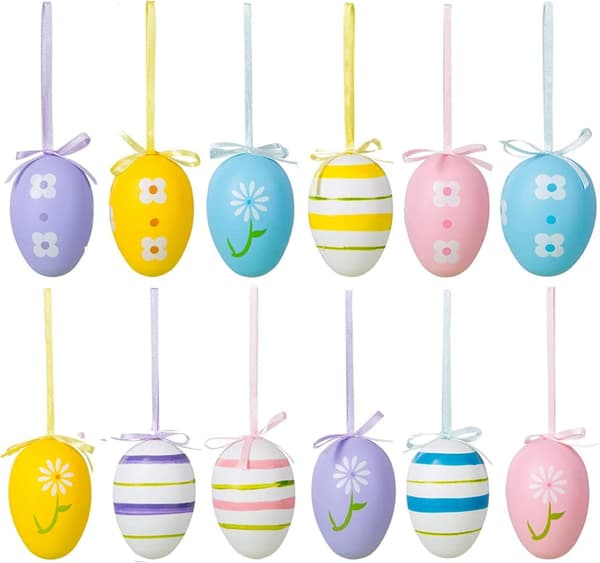 Colorful Hanging Easter Eggs Decor with Strings 12 Pcs 4x6 cm for Easter Party School Office Decoration