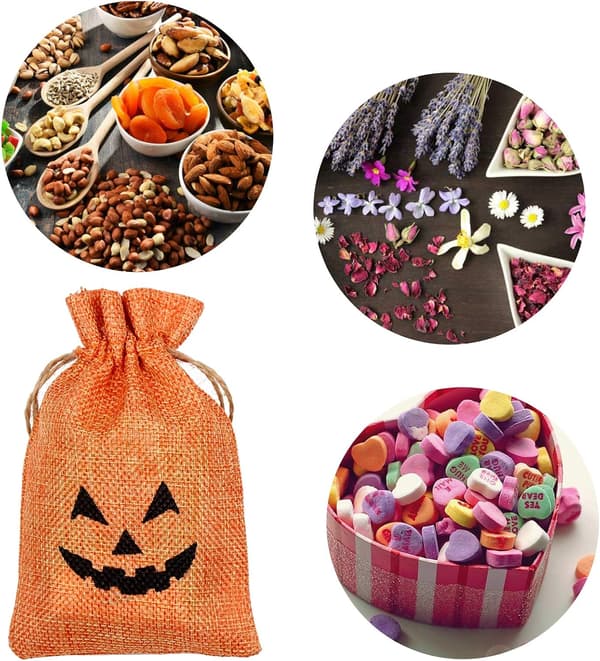 Jutepåsar för presenter med dubbla dragsko i jute - Godispåsar för Halloween med olika mönster - 50-pack