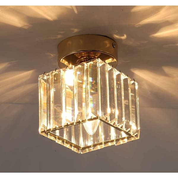 Crystal Ceiling Lamp, 60W Mini Square Chandelier Flush Mount Modern Foldable Close to Ceiling Light, Dining Room Bedroom Kitchen Corridor Yard