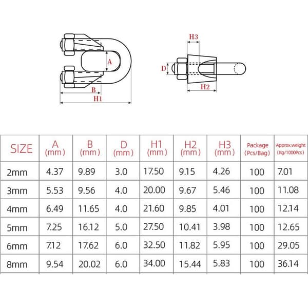 M3 wireklemmer, U-bolt kabelklemmer i rustfrit stål, 3 mm diameter, pakke med 12
