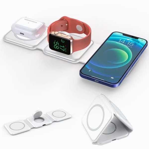 White Foldable iPhone Wireless Charging Pad, 3 in 1 Compact Wireless Charging Stand, Applicable to Portable Wireless Charging Station Mat for iWatch/